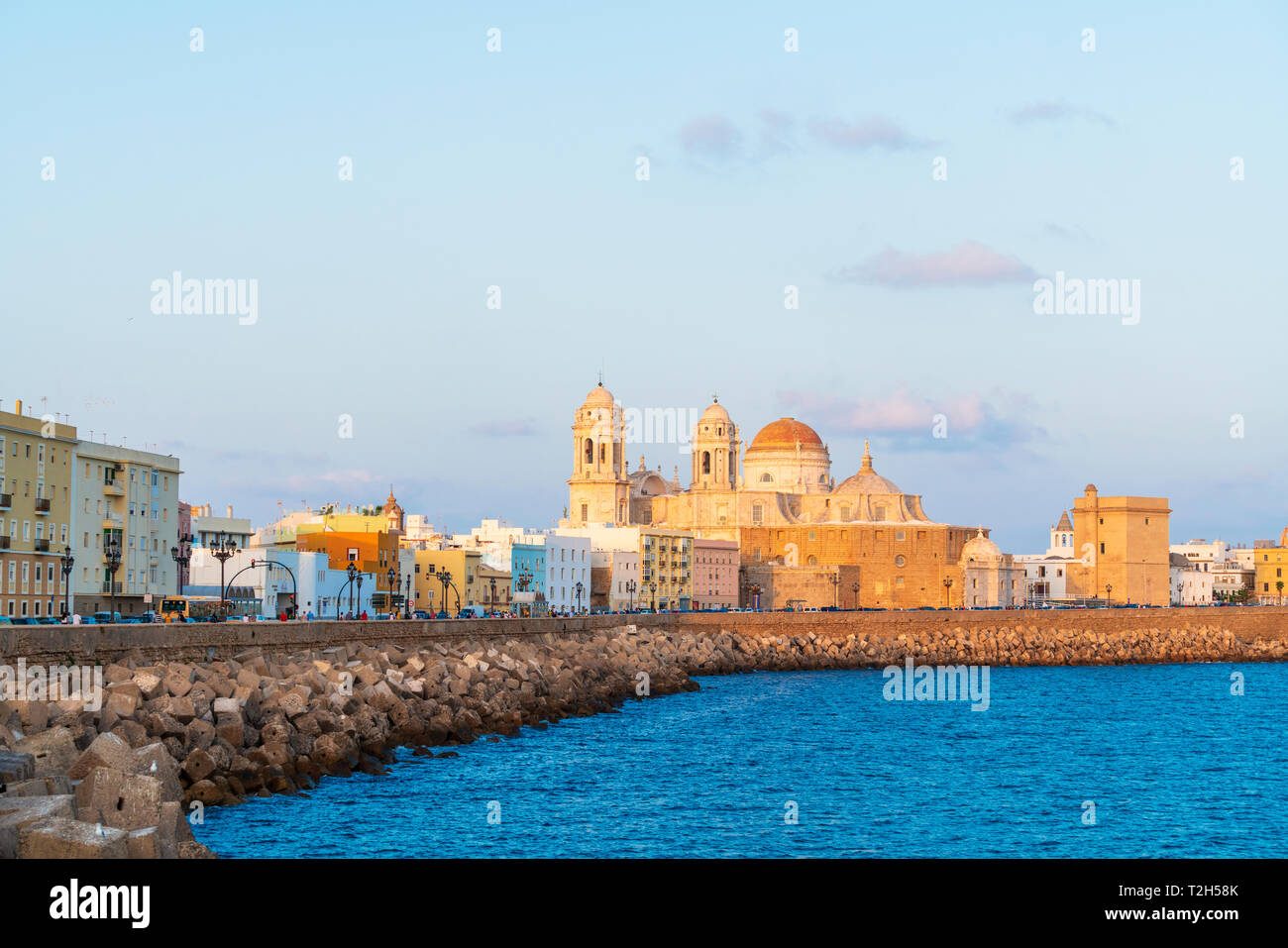 Cadiz Cathedral on waterfront in Cadiz, Spain, Europe Stock Photo