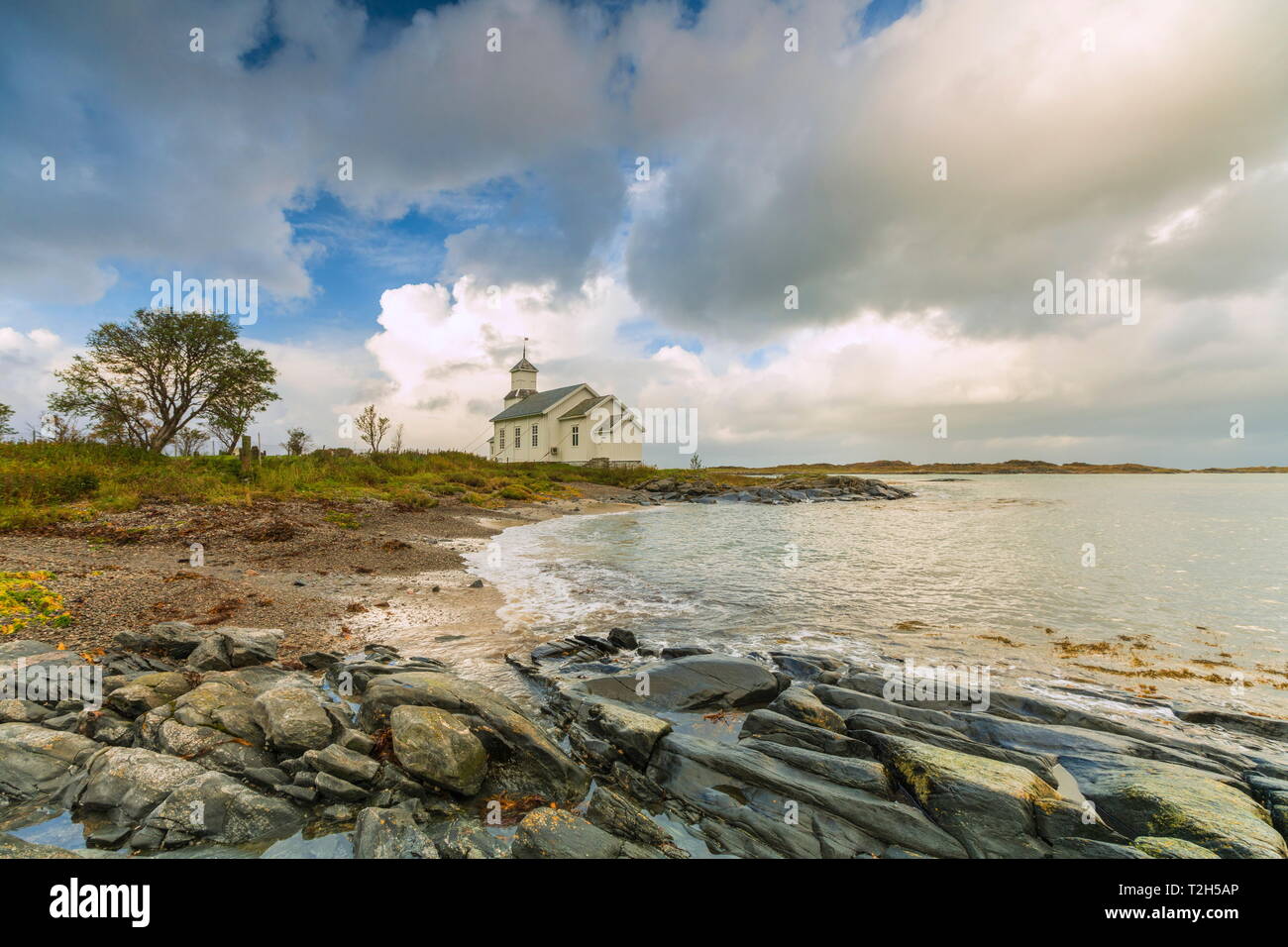 Church by beach on Gimsoya, Lofoten Islands, Norway, Europe Stock Photo