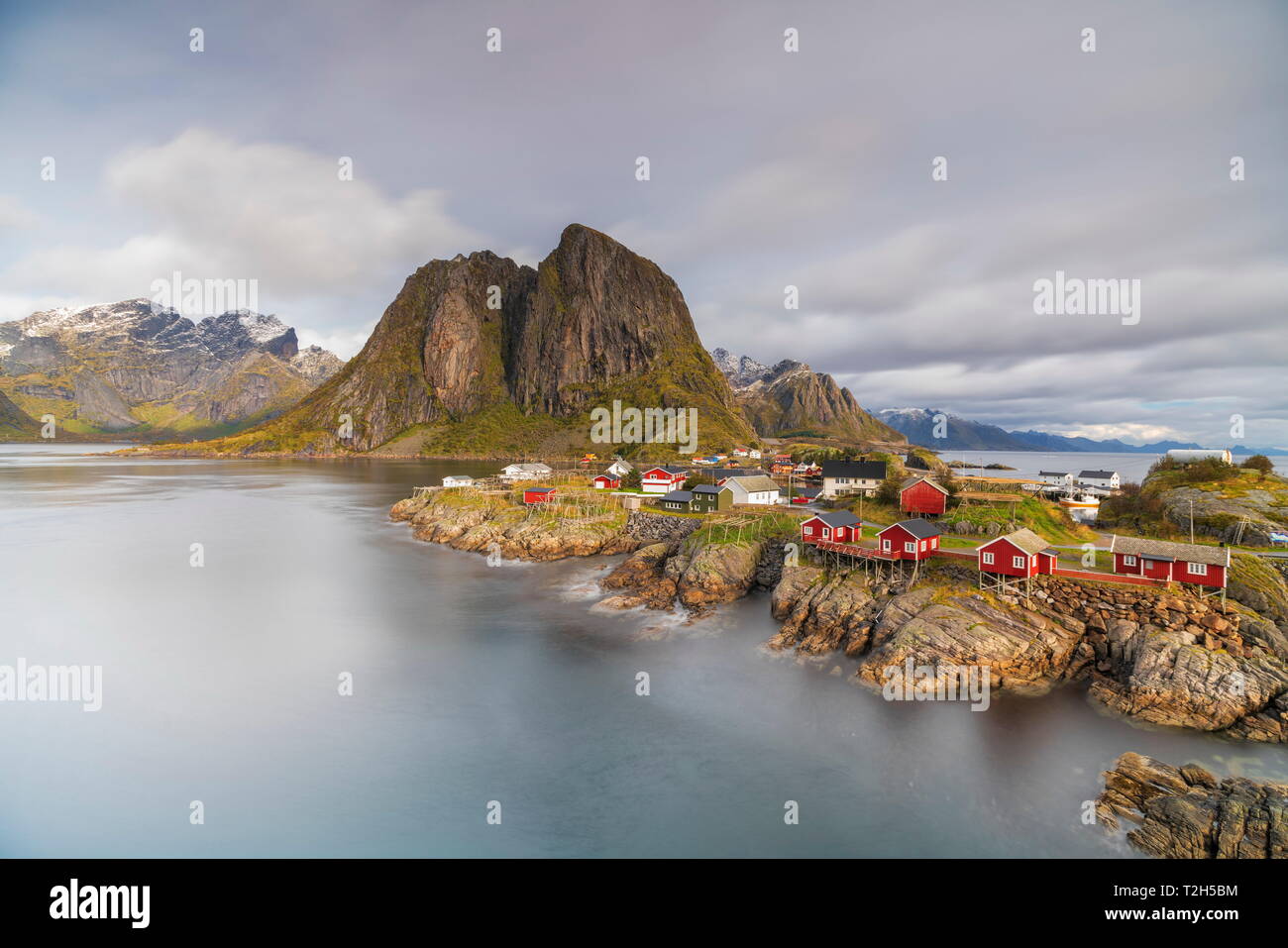 Town of Hamnoy by Festhelltinden mountain in Moskenes, Norway, Europe Stock Photo