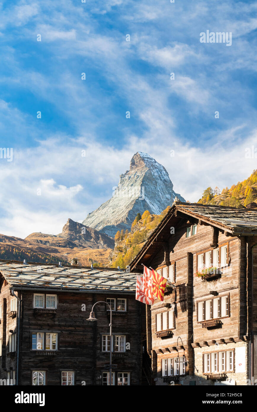 Wooden houses below Matterhorn in Zermatt, Switzerland, Europe Stock Photo