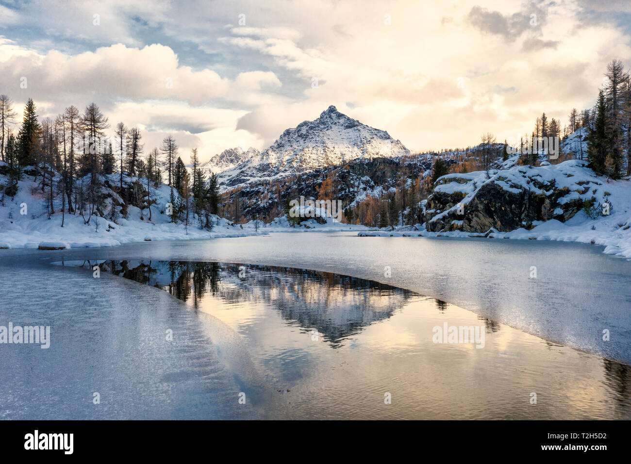 Frozen Lake Mufule by Sasso Moro in Sondrio, Italy, Europe Stock Photo