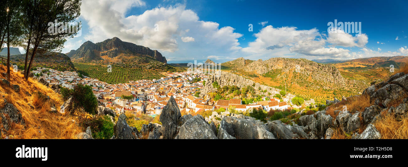 Panorama of white town of Montejaque by mountains in Serrania de Ronda, Spain, Europe Stock Photo