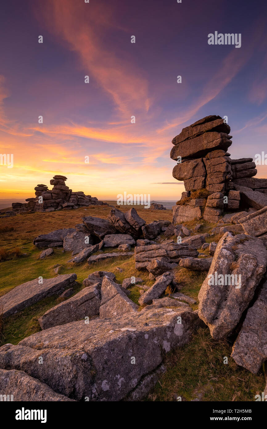 Great Staple Tor at sunset in Dartmoor National Park, England, Europe Stock Photo