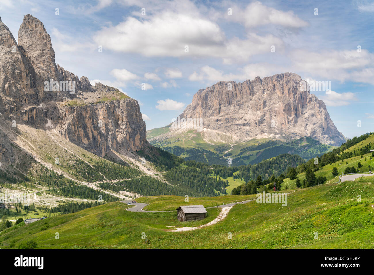 Cabin by Sella and Langkofel mountain groups in Italy, Europe Stock Photo