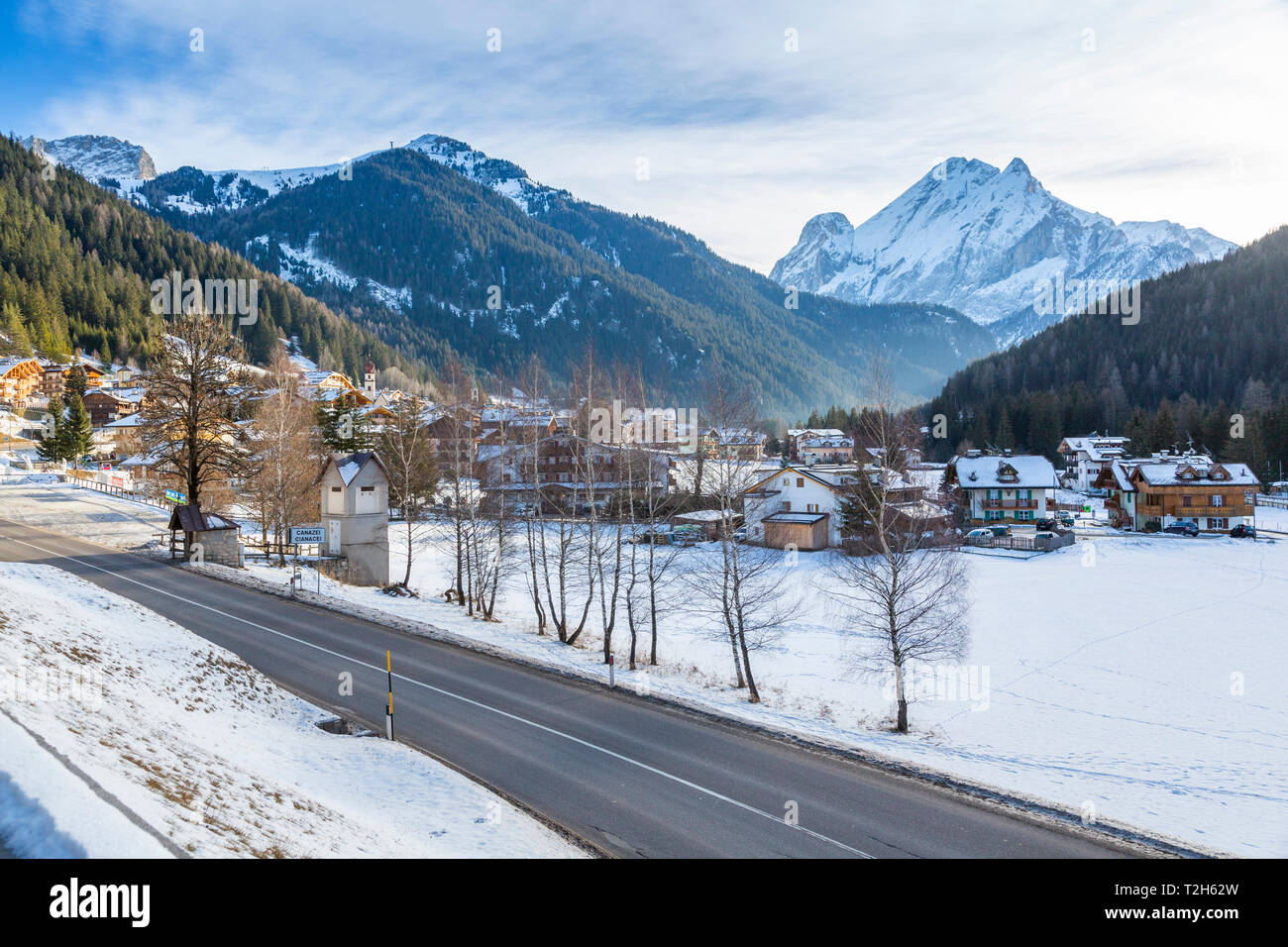 Landscape of Canazei during winter in Italy, Europe Stock Photo
