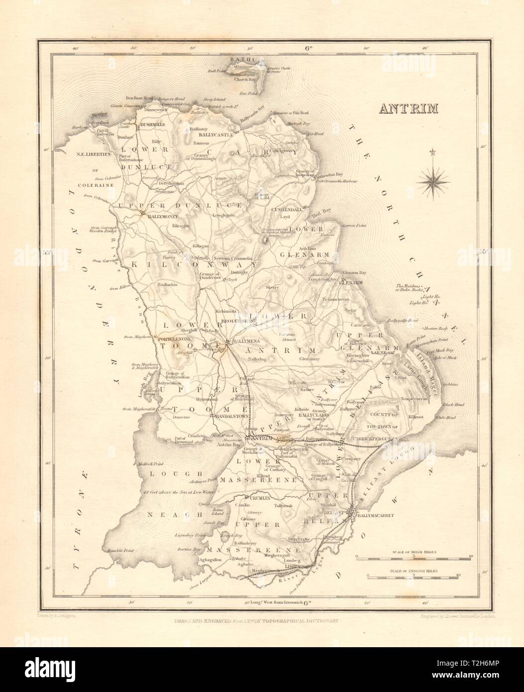 COUNTY ANTRIM antique map for LEWIS by CREIGHTON & DOWER Ulster 1846