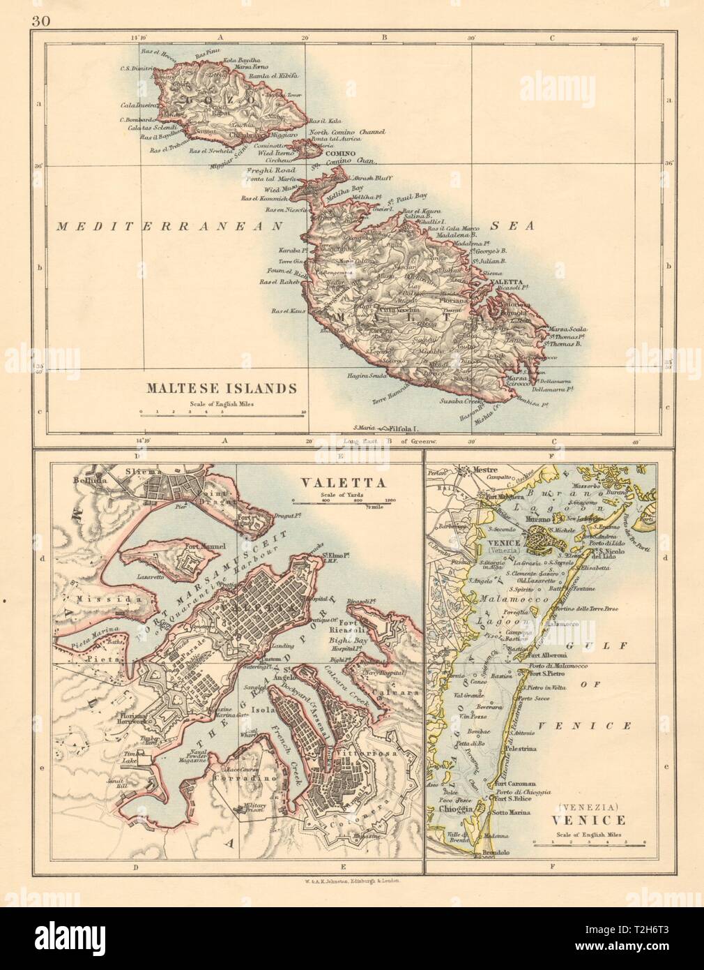 MALTESE ISLANDS Malta Gozo Valetta city town plan +Venice JOHNSTON 1892 map Stock Photo