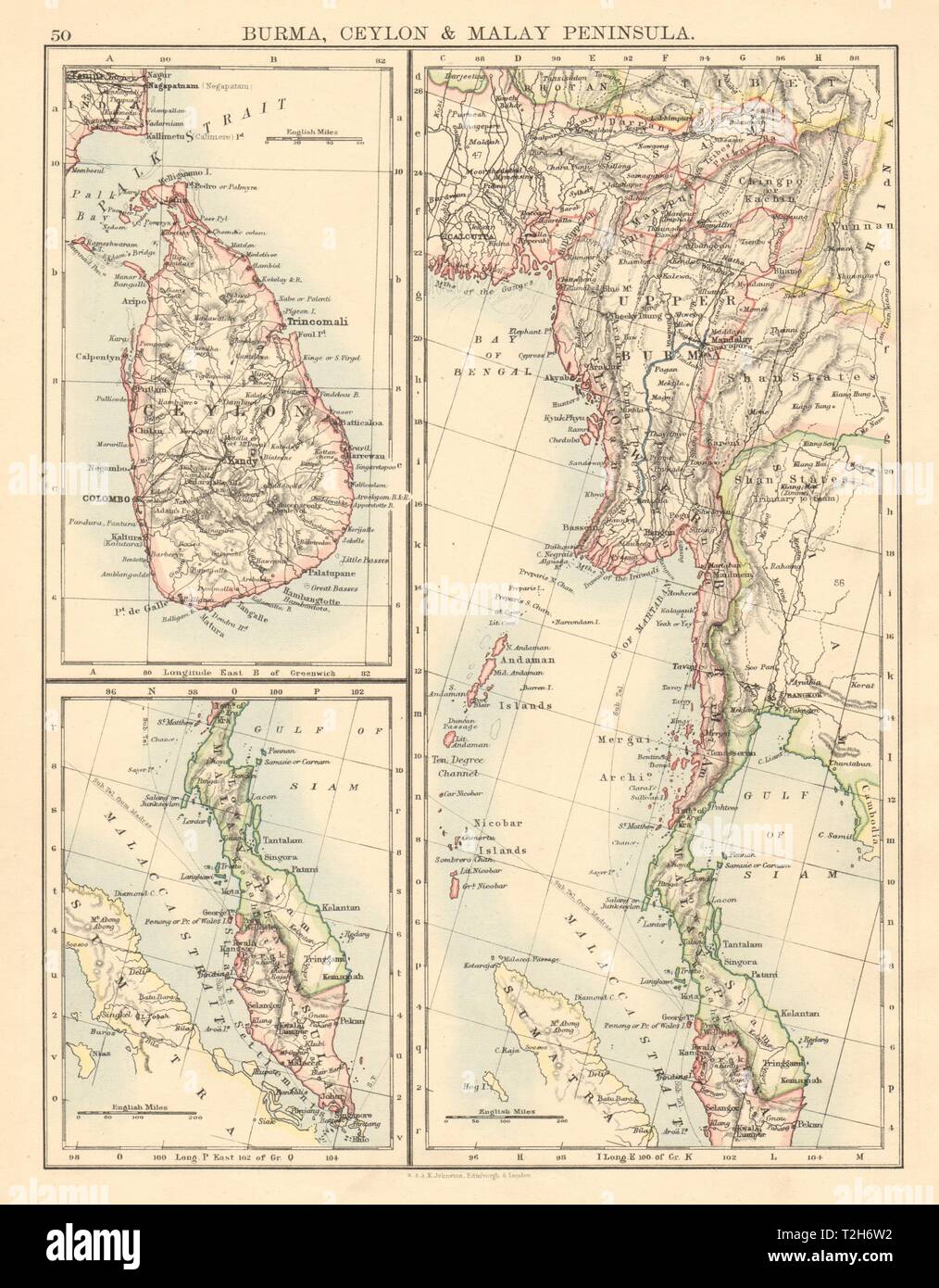 BURMA CEYLON SIAM MALAY PENINSULA Assam Singapore Thailand 1892 old map Stock Photo
