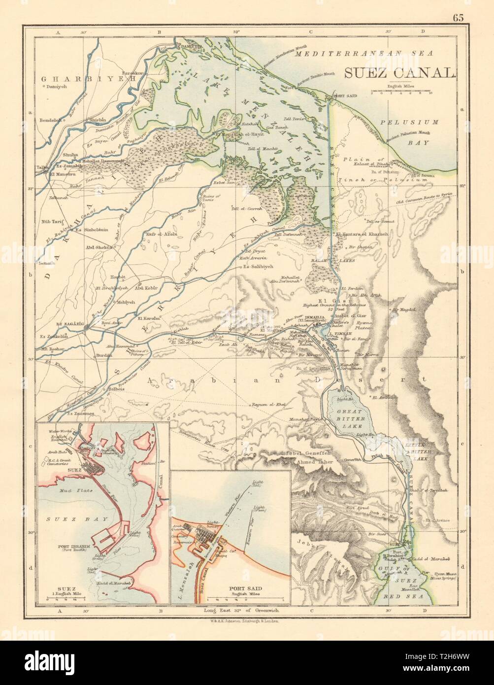 SUEZ CANAL Plan of the canal. Plans of Suez & Port Said JOHNSTON 1892 old map Stock Photo