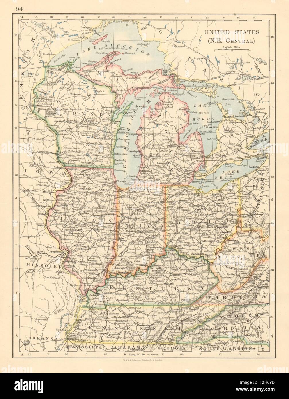 USA MID WEST Wisconsin Michigan Illinois Ohio Indiana Kentucky TN 1892 old map Stock Photo