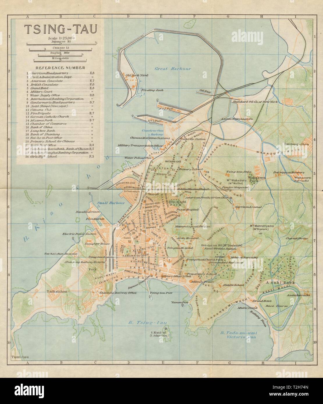 'Tsing-tau or Ching-tao'. Qingdao antique town city plan. China 1924 old map Stock Photo - Alamy