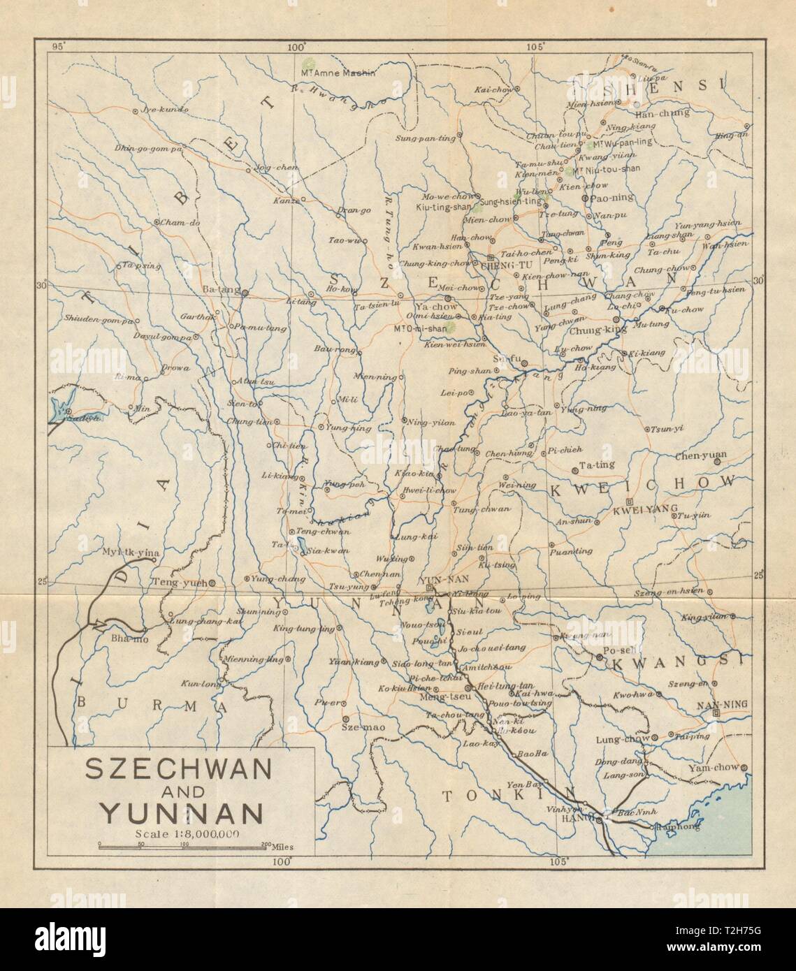 'Map of Yunnan & Szechwan Provinces'. Sichuan. Antique map. China 1924