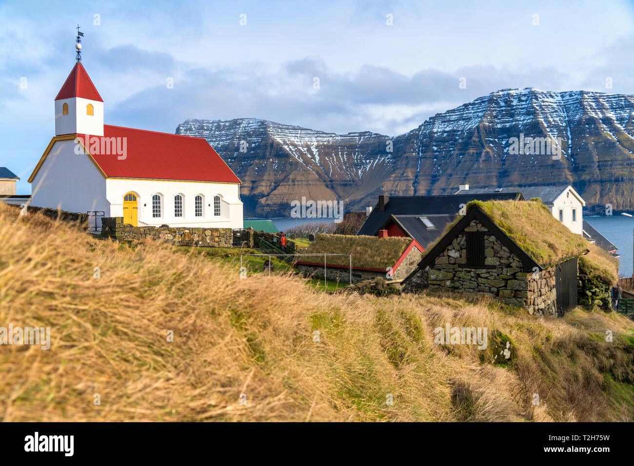Church and village of Mikladalur, Kalsoy island, Faroe Islands, Denmark Stock Photo