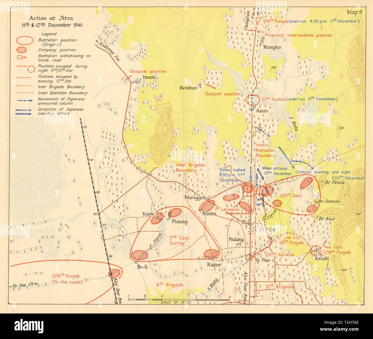 Battle of Jitra, 11-12 December 1941. Japanese invasion of Malaya 1957 old map Stock Photo