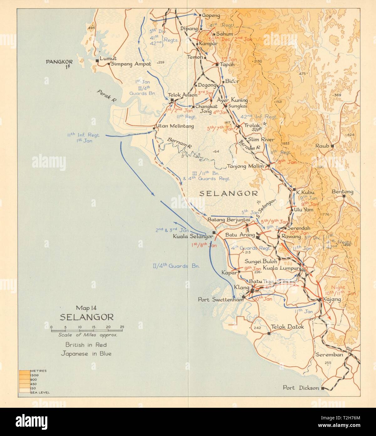 Selangor. Japanese invasion of Malaya 1942. Malaysia 1957 old vintage map Stock Photo