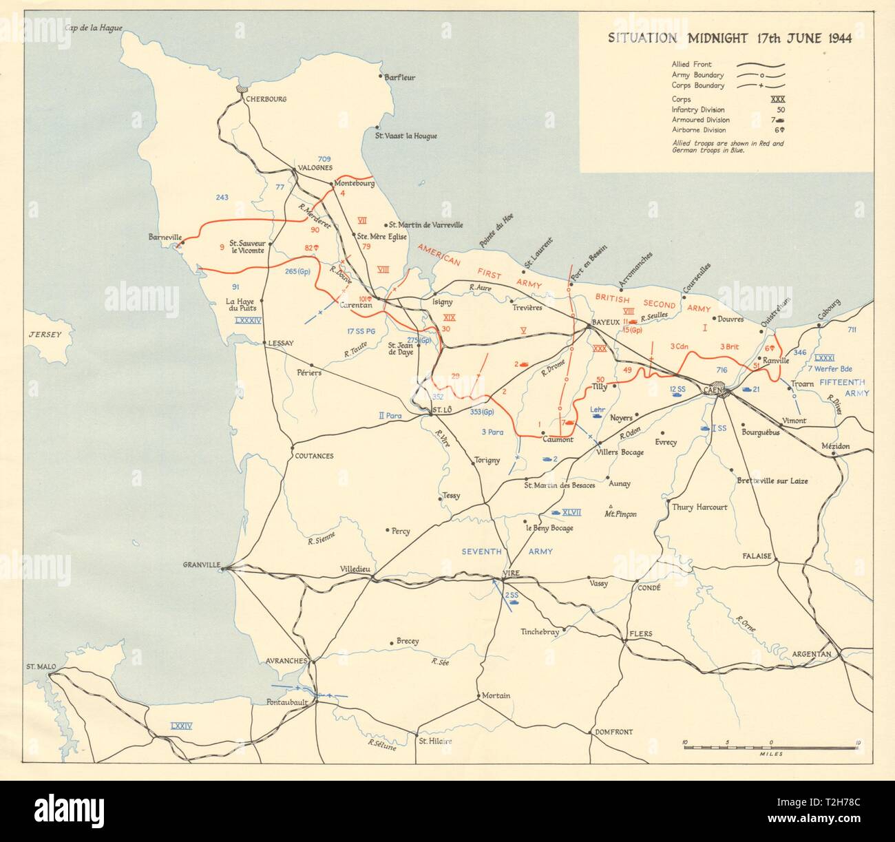 Operation Overlord. Normandy landings. Situation midnight 17 June 1944 1962 map Stock Photo