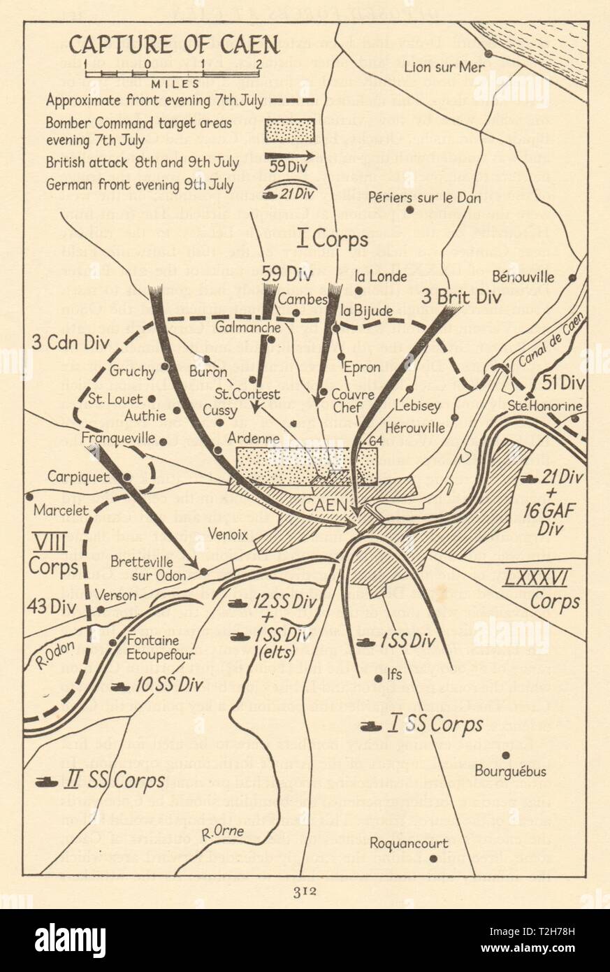 Capture of Caen 7-9 July 1944. Operation Overlord. Invasion of Normandy 1962 map Stock Photo