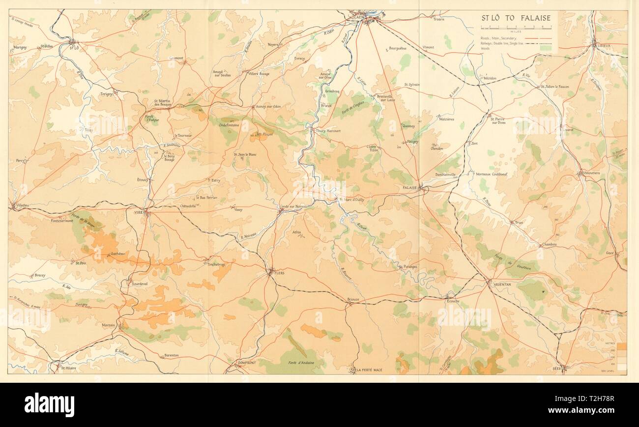 Operation Overlord. St. Lô to Falaise 1944. Caen Normandy 1962 old vintage map Stock Photo