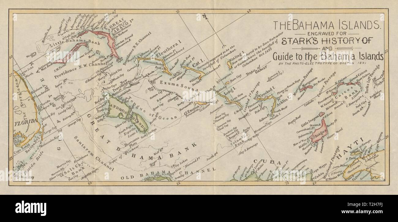 Bahamas & Turks and Caicos Islands antique map by Stark. Hand-coloured 1891 Stock Photo