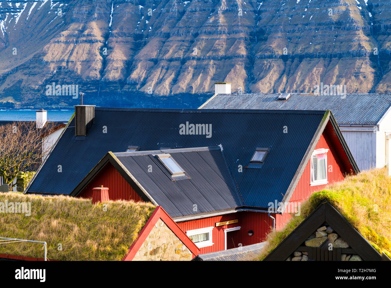 Traditional houses in Mikladalur, Kalsoy island, Faroe Islands, Denmark