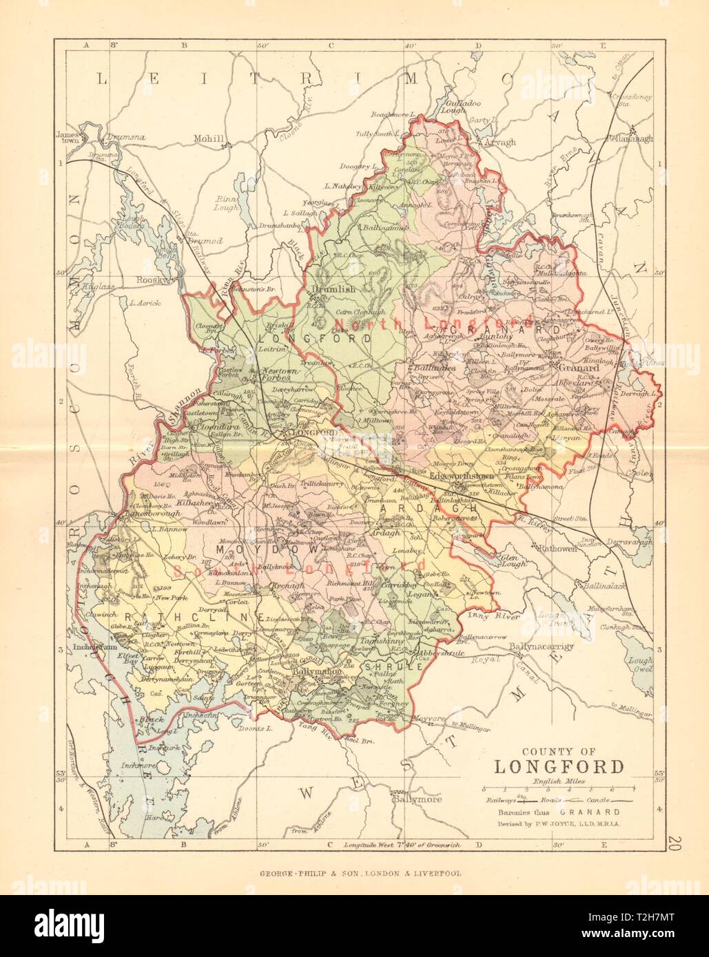 COUNTY LONGFORD. Antique county map. Leinster. Ireland. BARTHOLOMEW 1886 Stock Photo