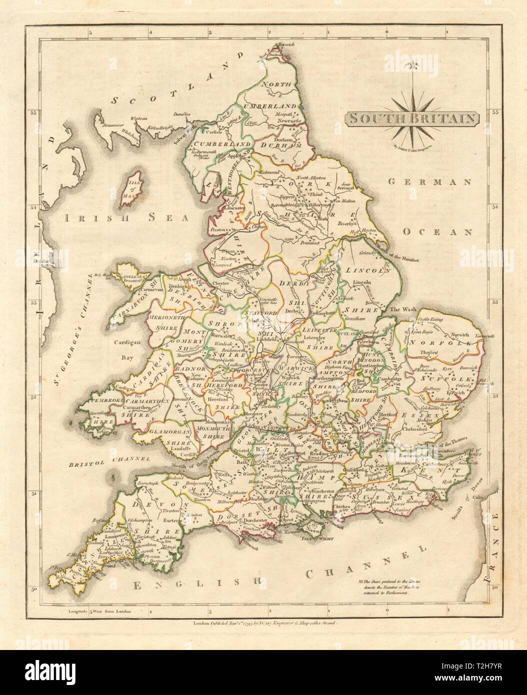 Antique map of SOUTH BRITAIN by JOHN CARY. Original outline colour 1793 Stock Photo