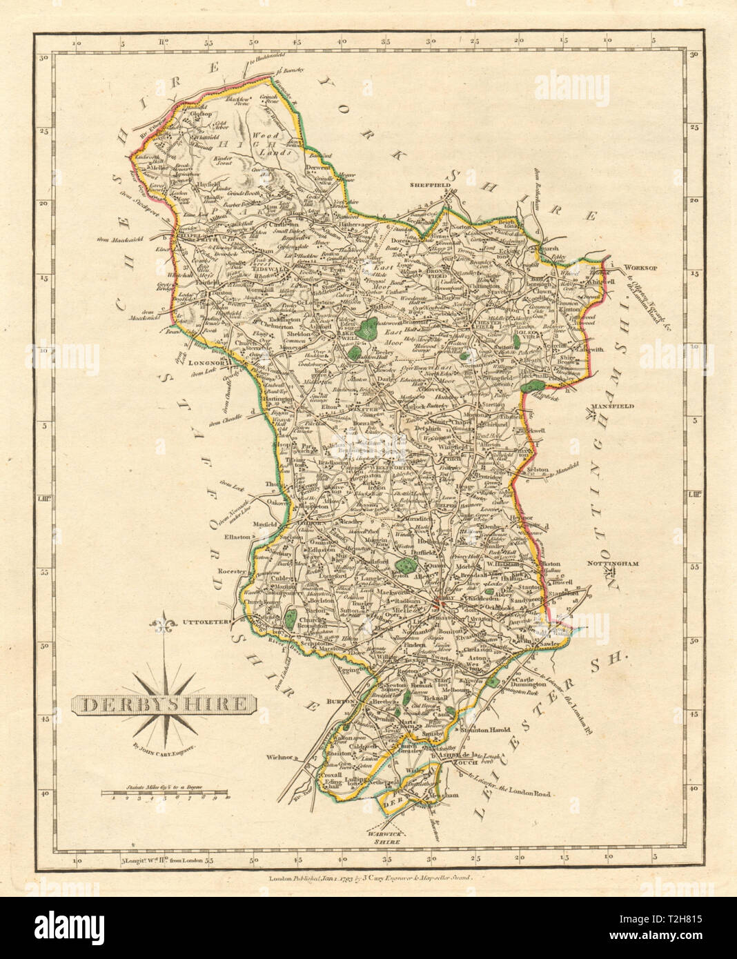 Antique county map of DERBYSHIRE by JOHN CARY. Original outline colour ...