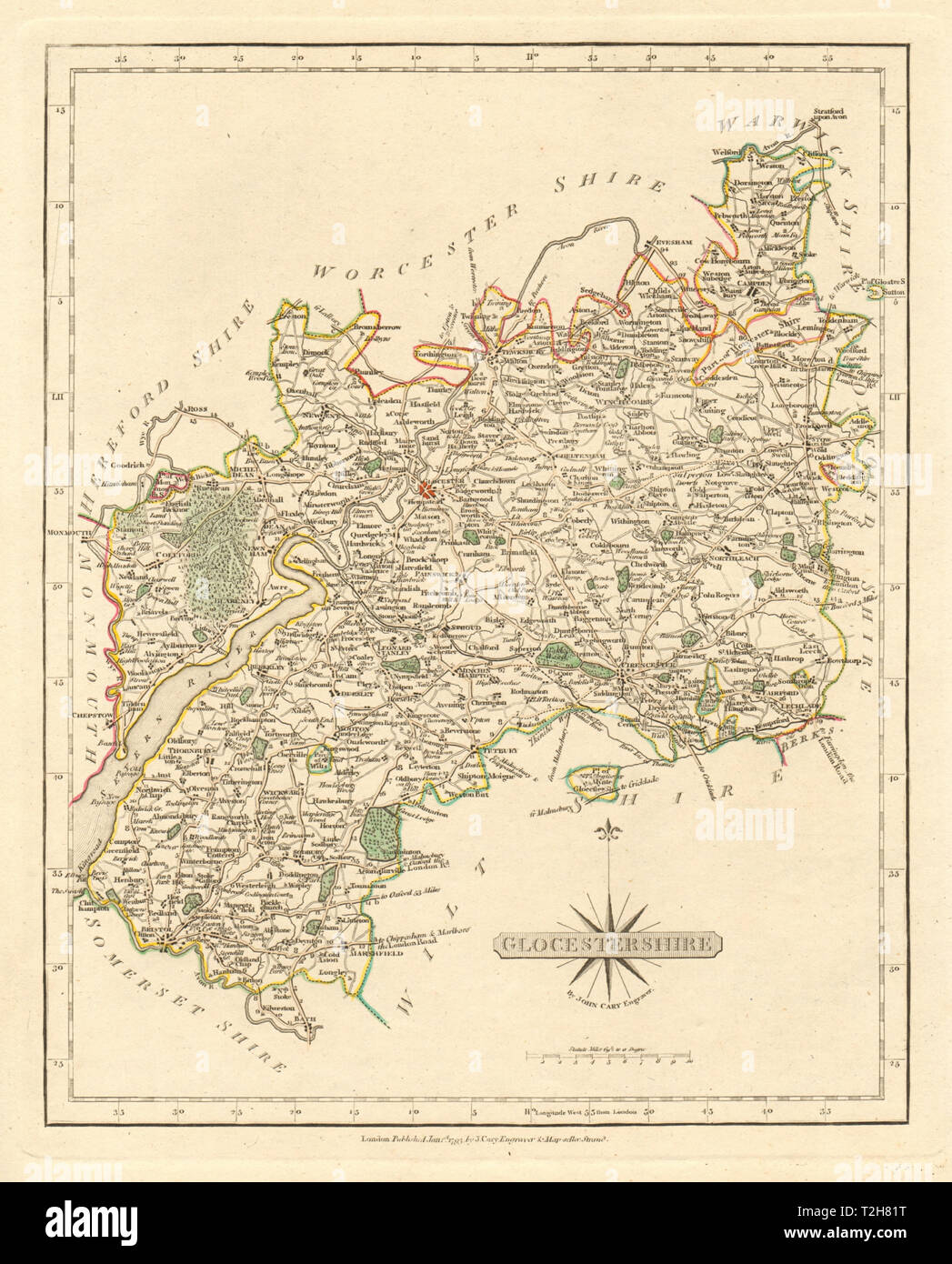 Antique county map of GLOUCESTERSHIRE by JOHN CARY. Original outline ...