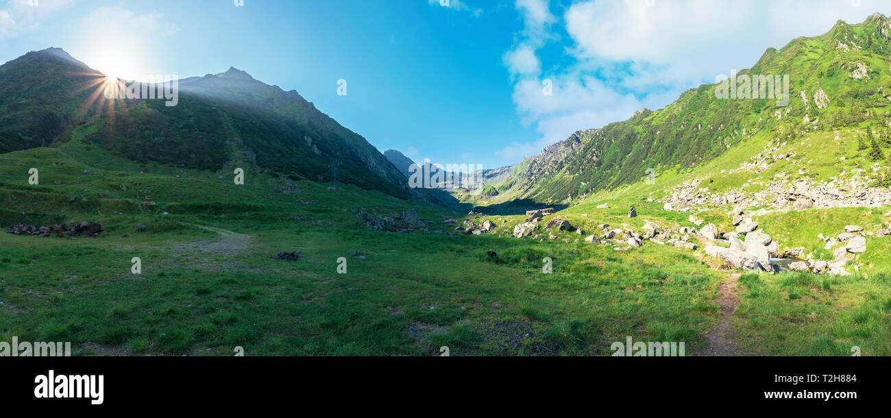 gorgeous valley of fagaras mountains in summertime. amazing landscape of romania at sunrise. location between transfagarasan road and balea creek. hig Stock Photo