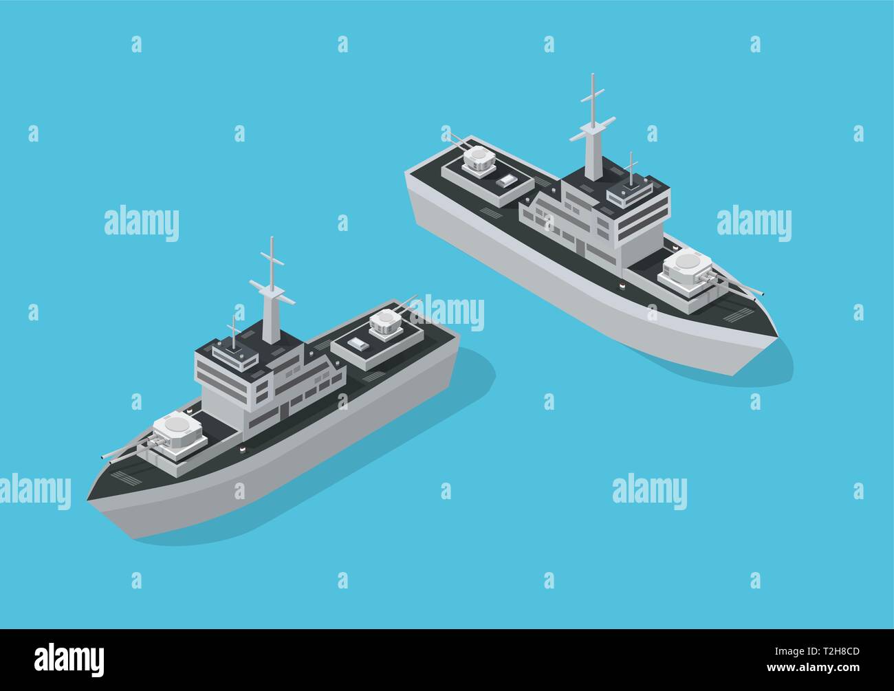 Warship military boat naval Battleship Navy with guns. Isometric ship army vector illustration stock image. Stock Vector