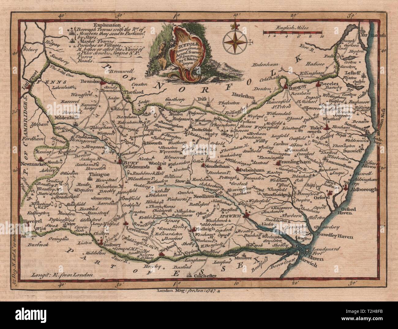 Suffolk drawn from an actual Survey. Thomas KITCHIN. County map 1747 old Stock Photo