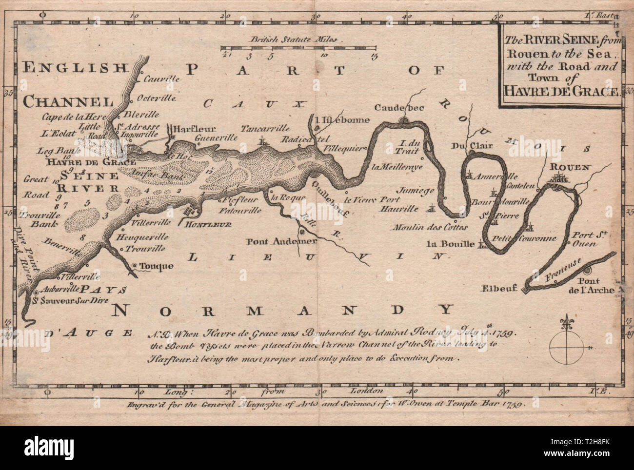 The River Seine from Rouen to the Sea, with… Havre de Grace. OWEN 1759 old map Stock Photo
