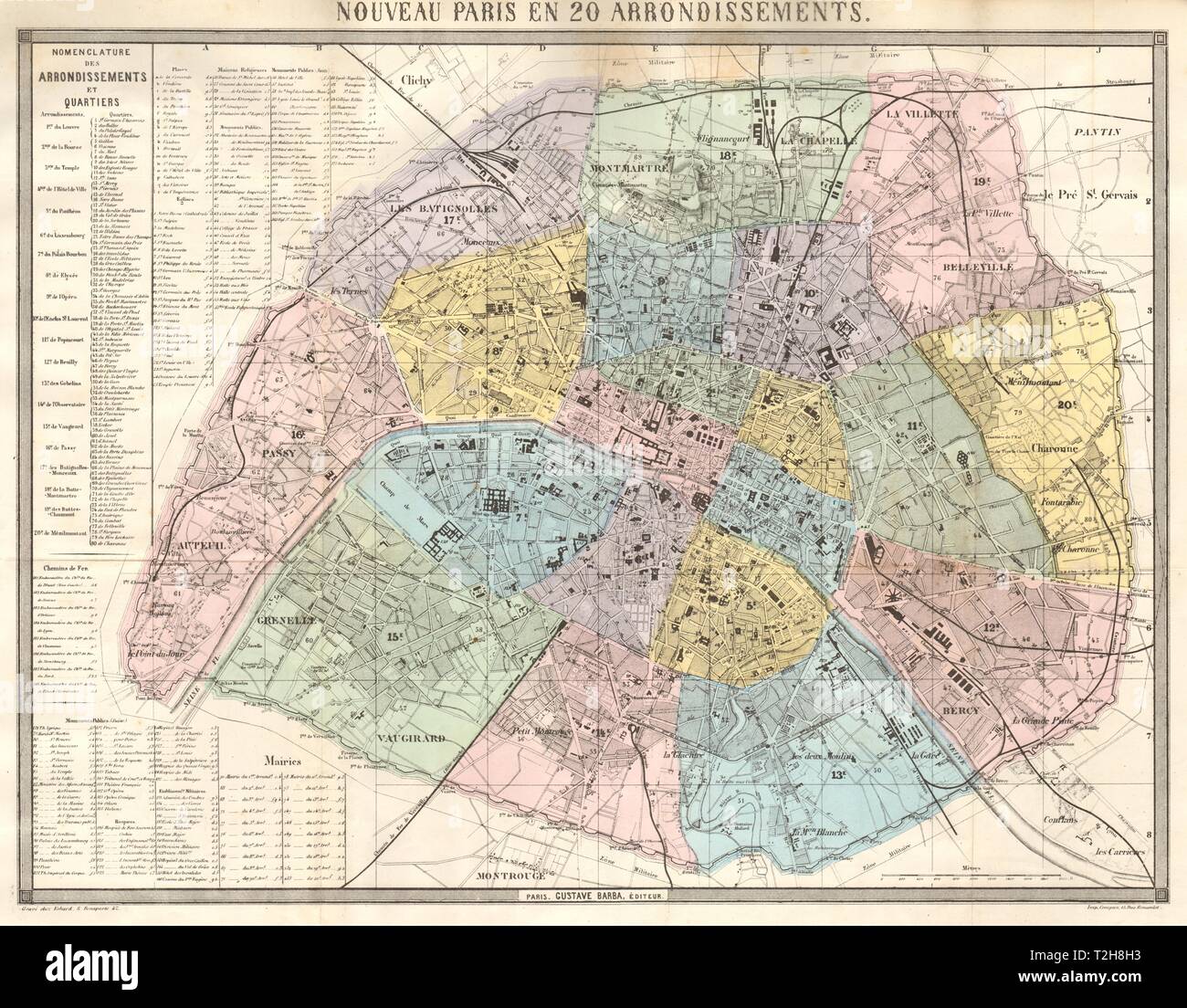 Nouveau Paris en 20 Arrondissements. BARBA 1860 old antique map plan chart Stock Photo