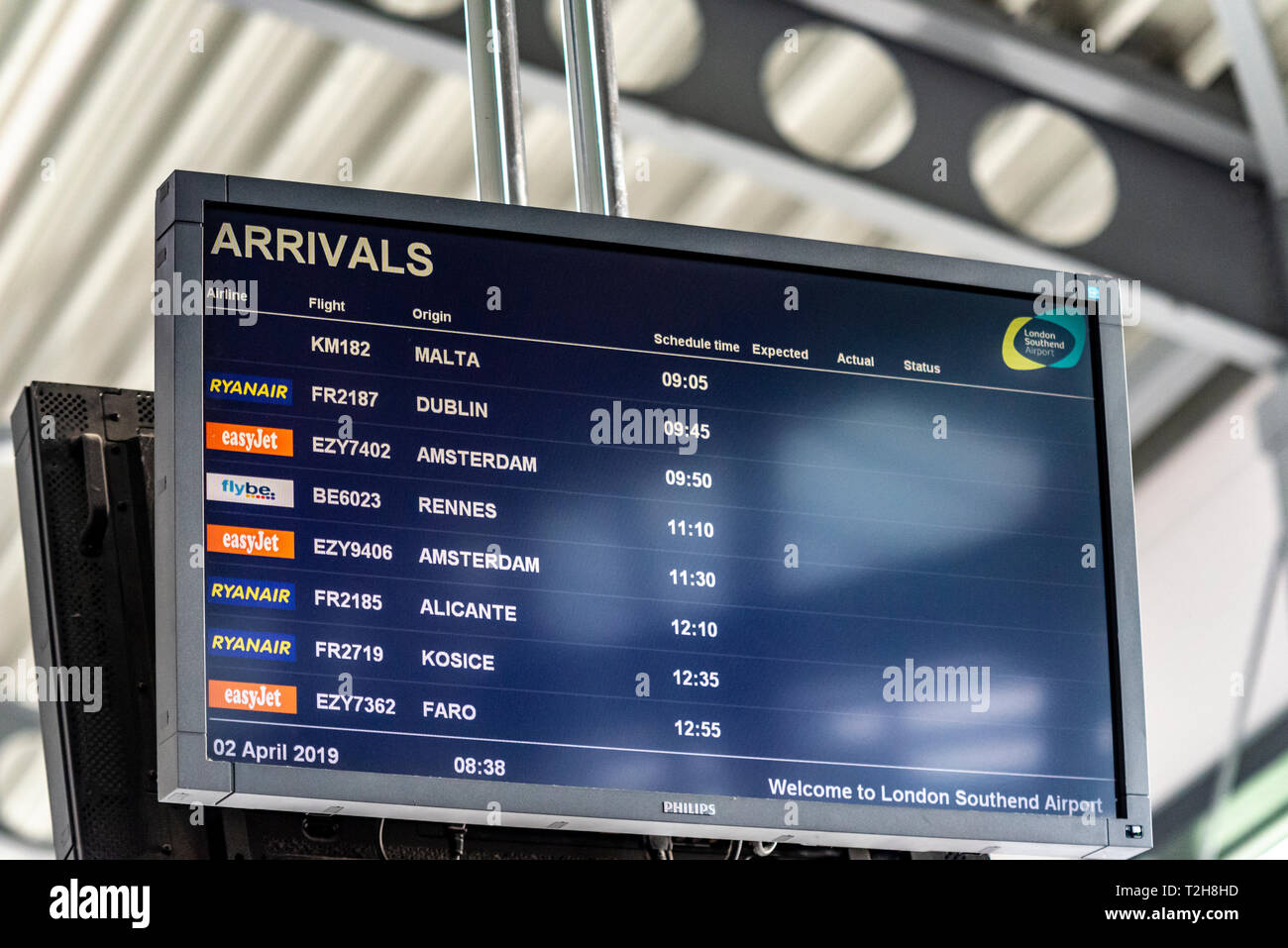 Ryanair have launched their first services from London Southend Airport with the Dublin flight FR2187 displayed on the arrivals board Stock Photo