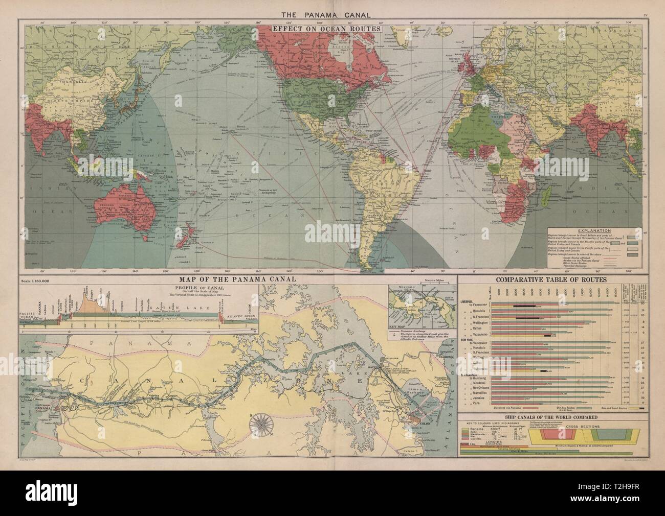 PANAMA CANAL. Effect on Ocean Routes. Map & profile. LARGE 50x70cm 1916