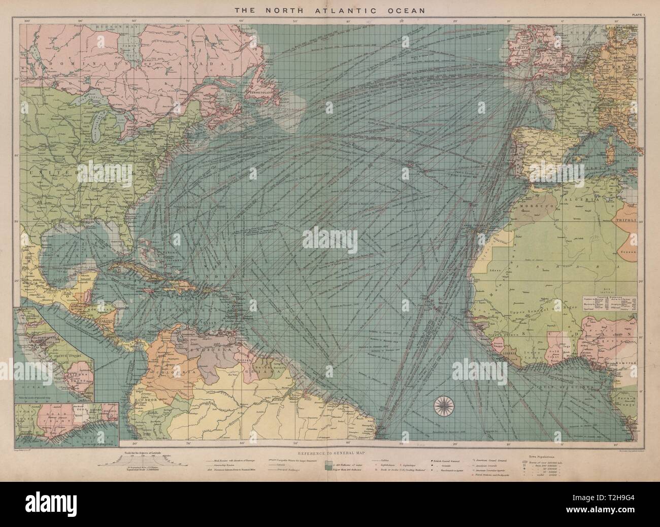 North Atlantic Ocean sea chart. Ports lighthouses mail routes. LARGE 1916 map Stock Photo