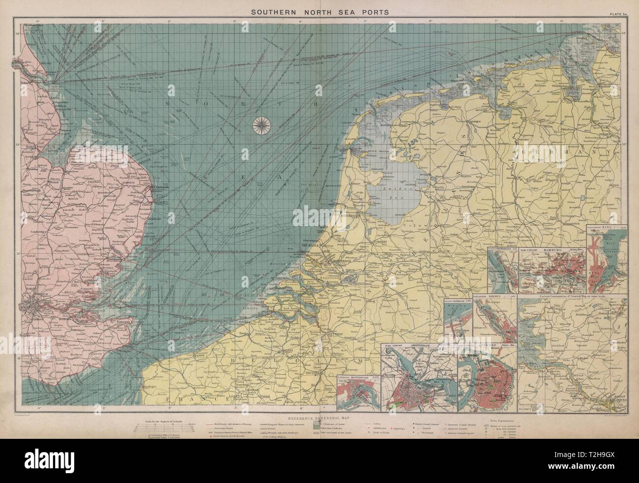 North Sea Map Uk Southern North Sea Ports Chart. Lighthouses Mail Routes. Uk Nl. Large 1916  Map Stock Photo - Alamy