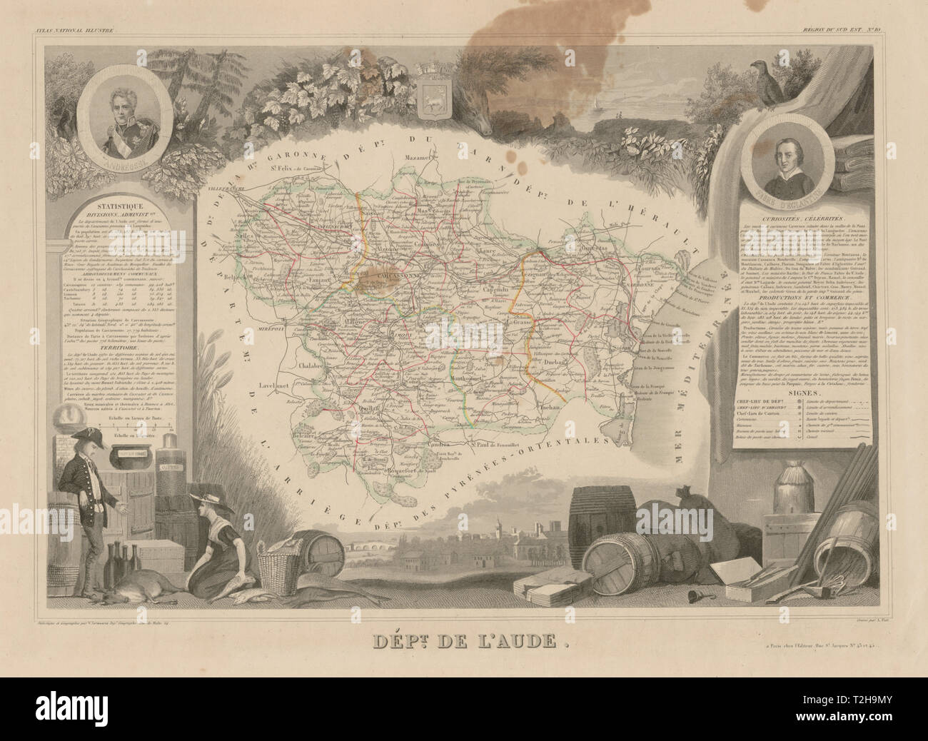 Departement De L Aude Decorative Antique Map Carte By Victor Levasseur C1854 Stock Photo Alamy