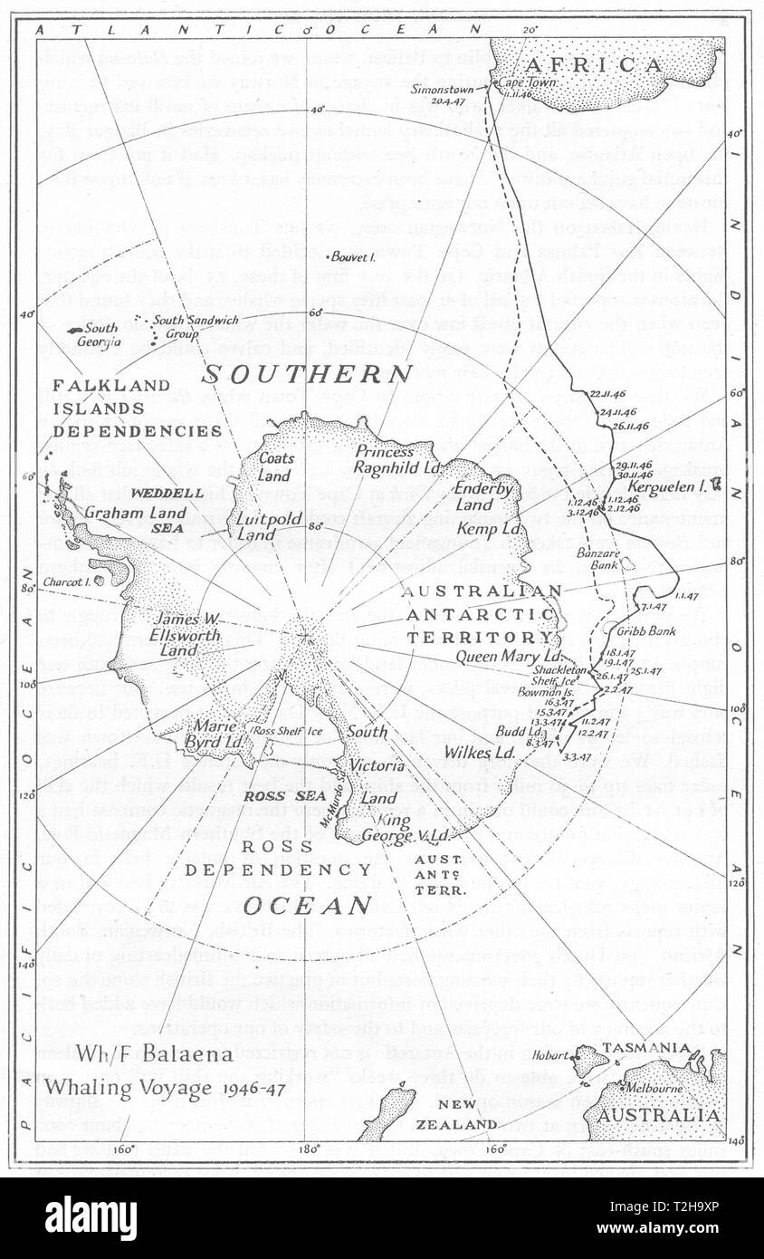 ANTARCTIC. Balaena Whaling voyage 1946-47 route South Africa RGS Sketch map 1948 Stock Photo