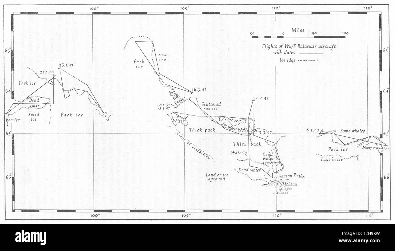 ANTARCTIC. Ice edge plotted from the air, Jan-March 1947. Balaena. RGS map 1948 Stock Photo
