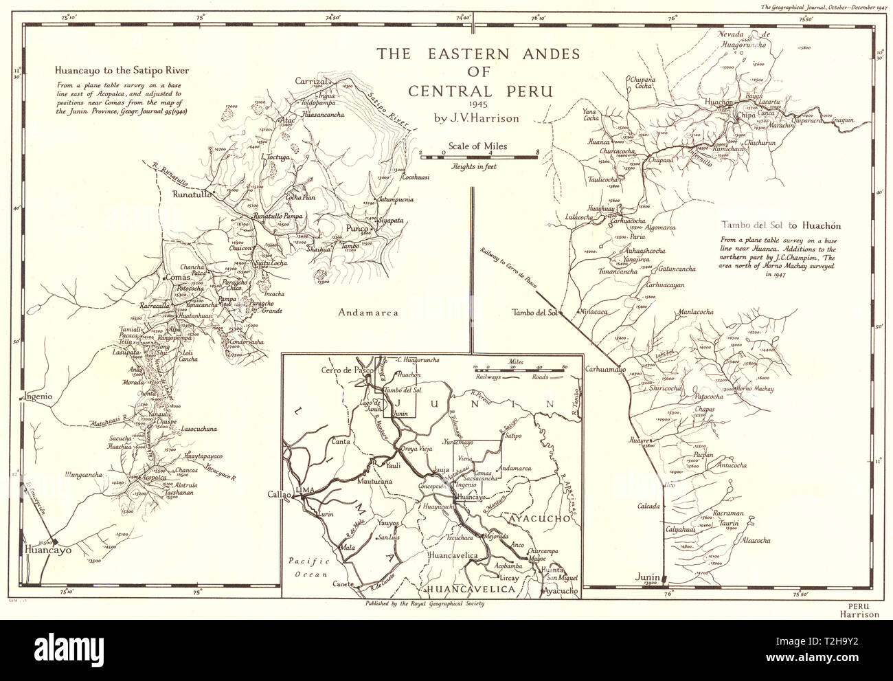 PERU. Eastern Andes 1945. Huancayo Satipo Tambo del Sol Haunchon. RGS map 1948 Stock Photo