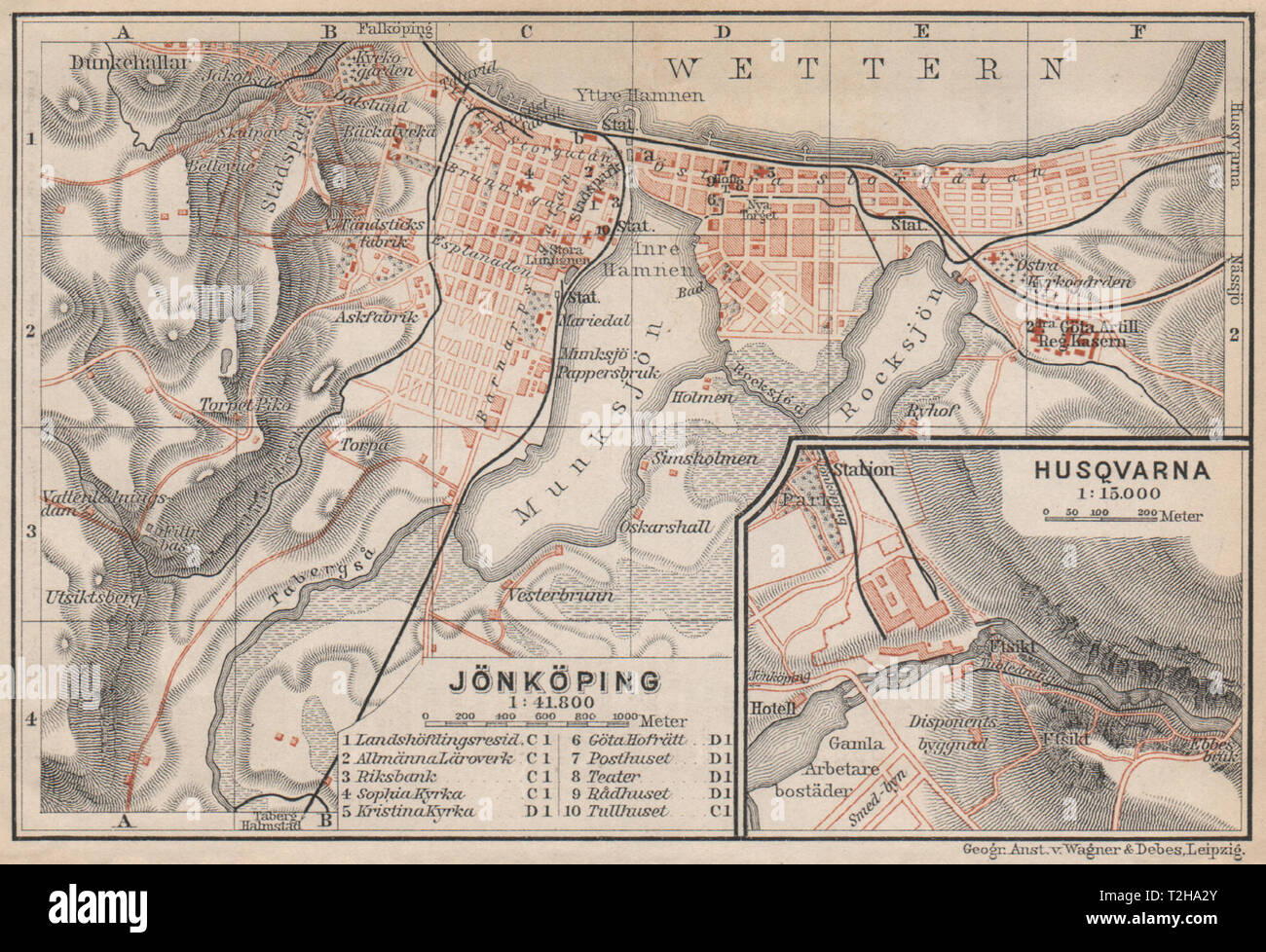 JONKOPING Jönköping town city stadsplan. Inset Huskvarna. Sweden karta 1899 map Stock Photo