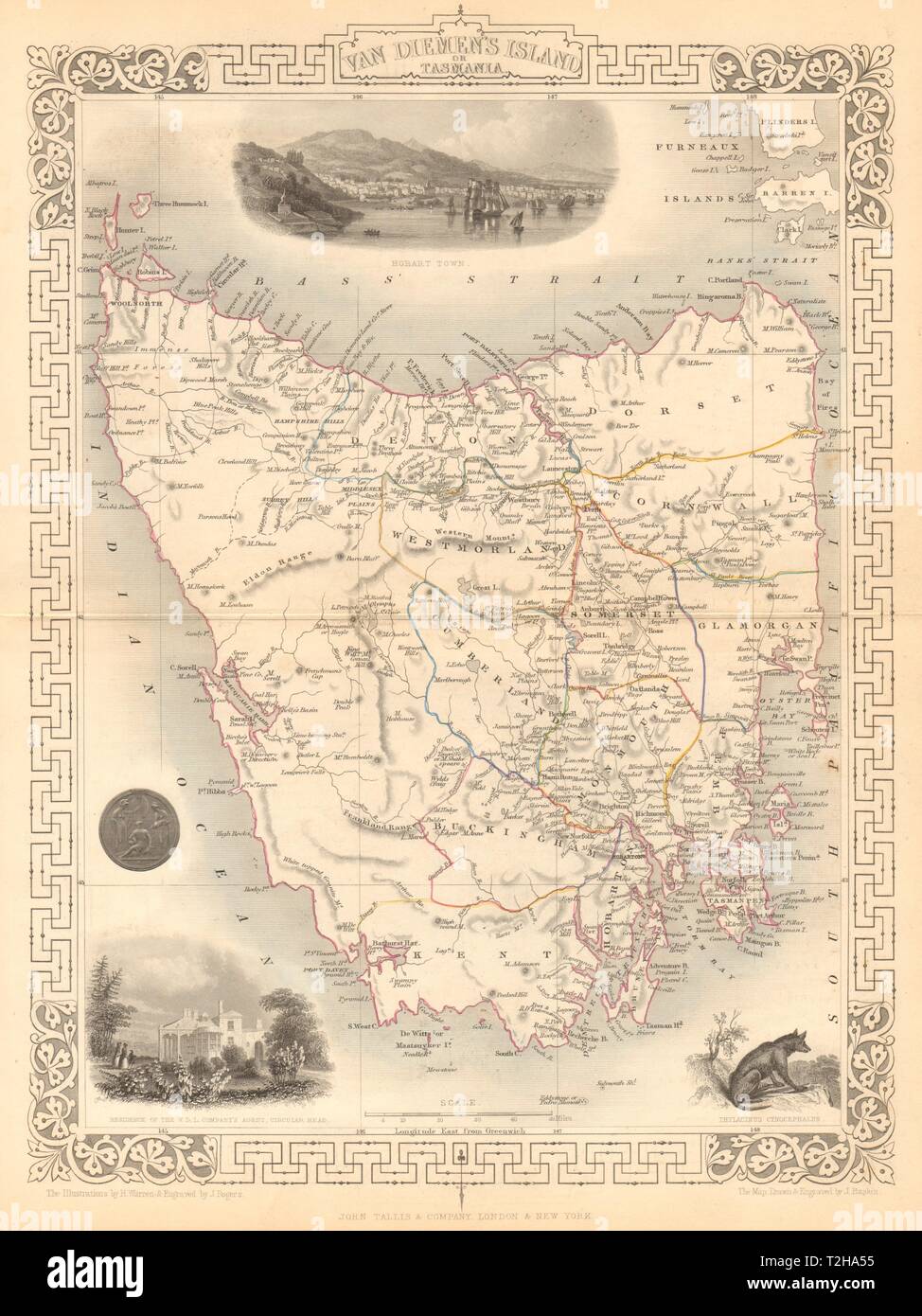 VAN DIEMEN'S ISLAND OR TASMANIA. Shows extinct Thylacine.TALLIS/RAPKIN 1849 map Stock Photo