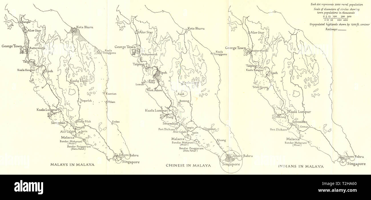 MALAYSIA. Population in Malaya 1945-E Dobby 1946 old vintage map plan chart Stock Photo