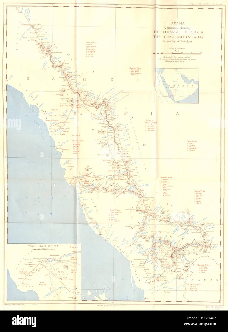 Saudi Arabia Tihama Asir Hijar Mtns Thesiger 1947 Old Vintage Map Plan Chart Stock Photo Alamy
