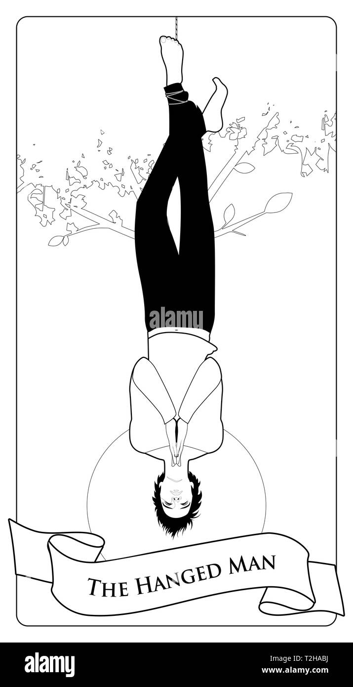 Major Arcana Tarot Cards. The Hanged Man. Man hanging from a tree, face down, subject of the right foot, with praying hands Stock Vector