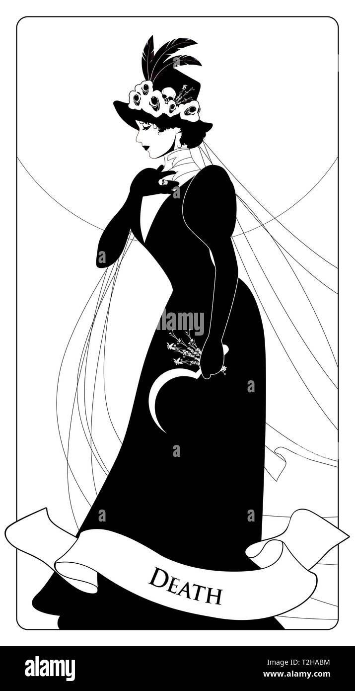 Major Arcana Tarot Cards. Death. Woman dressed in veils and ancient widow clothes carrying a sickle and a sprig of flowers in one hand. Hat decorated  Stock Vector