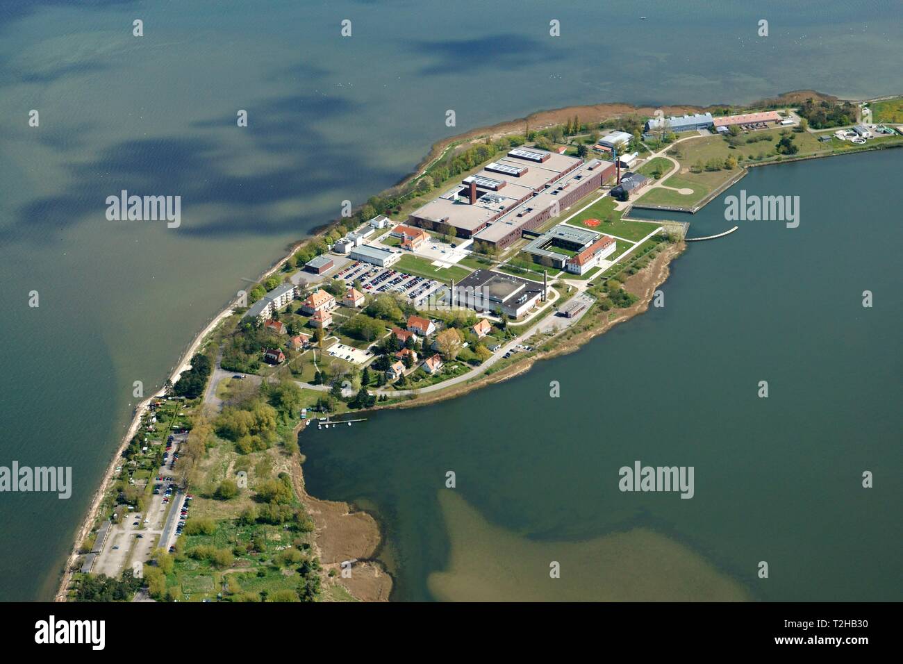 Federal Research Institute for Animal Health, aerial view, Riems Island, Mecklenburg-Western Pomerania, Germany Stock Photo