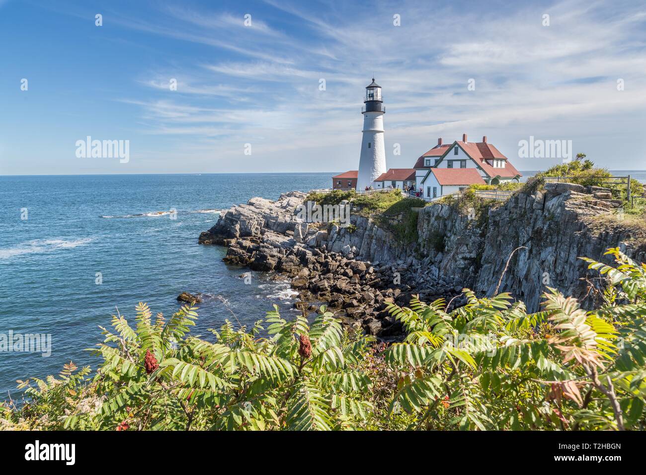 Cape Elizabeth Lighthouse, rocky coast, Cape Elizabeth, Maine, USA Stock Photo
