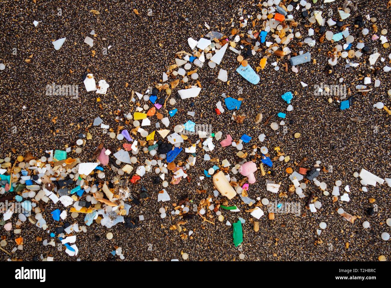 Microplastics on the sandy beach, washed up on dark lava sand, Playa Famara, Lanzarote, Canary Islands, Spain Stock Photo